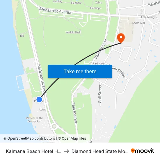 Kaimana Beach Hotel Honolulu to Diamond Head State Monument map