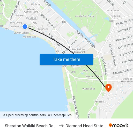 Sheraton Waikiki Beach Resort, Honolulu to Diamond Head State Monument map