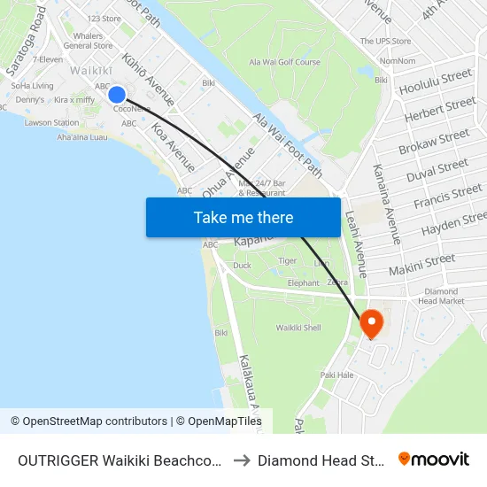 OUTRIGGER Waikiki Beachcomber Hotel, Honolulu to Diamond Head State Monument map