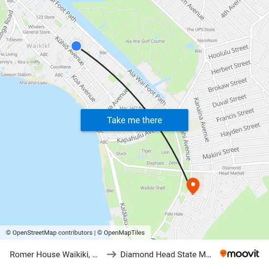 Romer House Waikiki, Honolulu to Diamond Head State Monument map