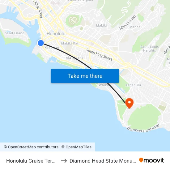 Honolulu Cruise Terminal to Diamond Head State Monument map