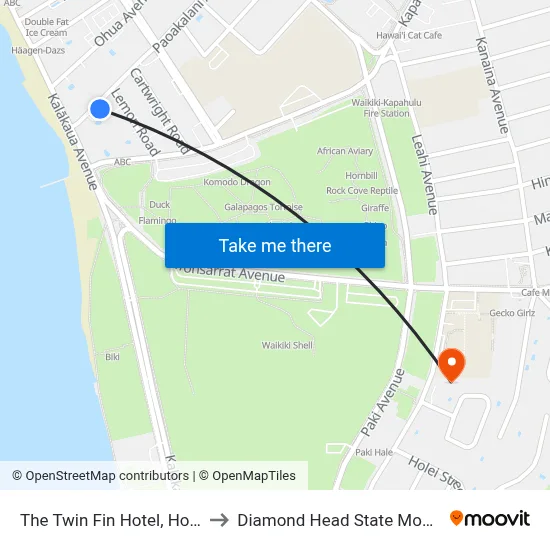 The Twin Fin Hotel, Honolulu to Diamond Head State Monument map