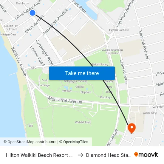 Hilton Waikiki Beach Resort &amp; Spa, Honolulu to Diamond Head State Monument map