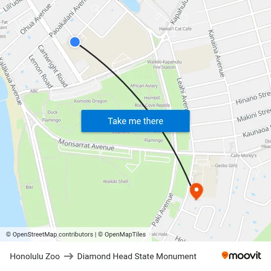 Honolulu Zoo to Diamond Head State Monument map
