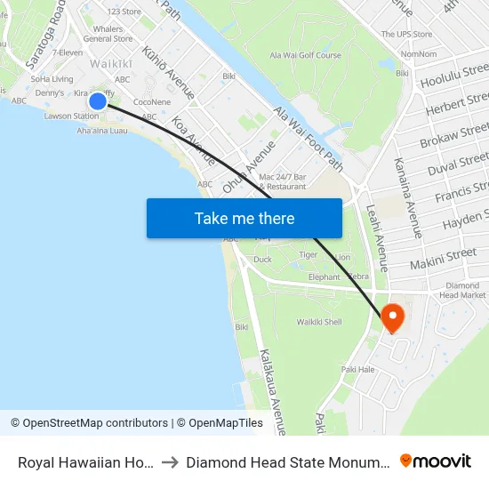 Royal Hawaiian Hotel to Diamond Head State Monument map