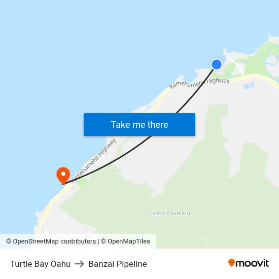 Turtle Bay Oahu to Banzai Pipeline map