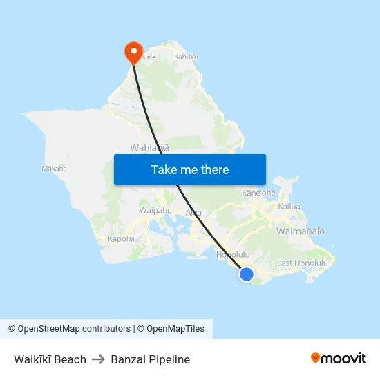 Waikīkī Beach to Banzai Pipeline map