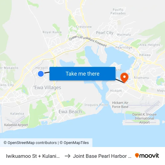Iwikuamoo St + Kulanihakoi St to Joint Base Pearl Harbor Hickam map