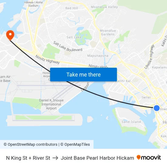 N King St + River St to Joint Base Pearl Harbor Hickam map
