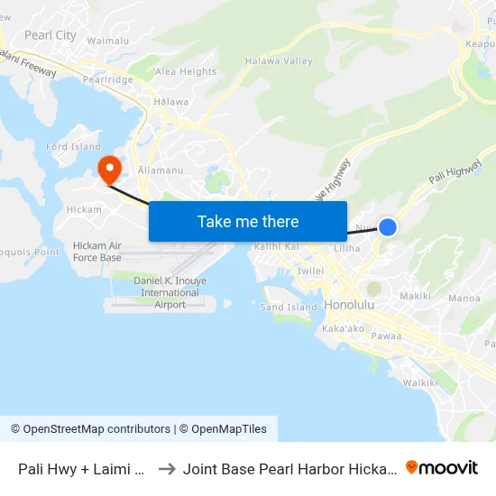 Pali Hwy + Laimi Rd to Joint Base Pearl Harbor Hickam map