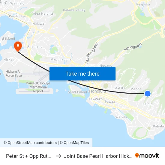 Peter St + Opp Ruth Pl to Joint Base Pearl Harbor Hickam map