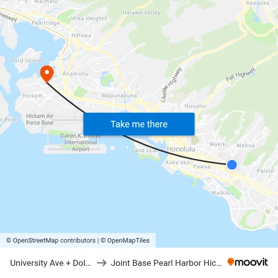 University Ave + Dole St to Joint Base Pearl Harbor Hickam map