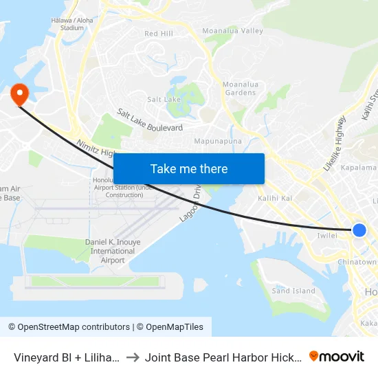 Vineyard Bl + Liliha St to Joint Base Pearl Harbor Hickam map