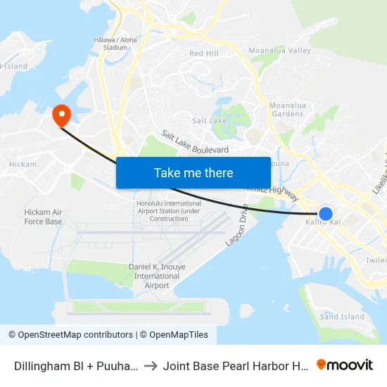 Dillingham Bl + Puuhale Rd to Joint Base Pearl Harbor Hickam map