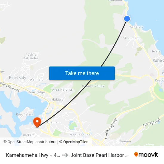 Kamehameha Hwy + 47-705 to Joint Base Pearl Harbor Hickam map