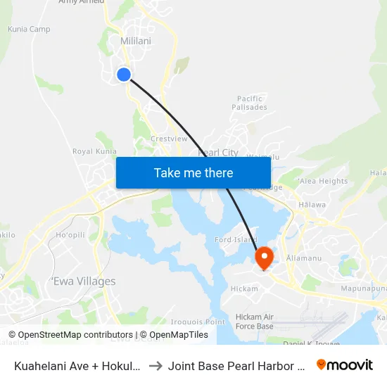 Kuahelani Ave + Hokulewa Pl to Joint Base Pearl Harbor Hickam map