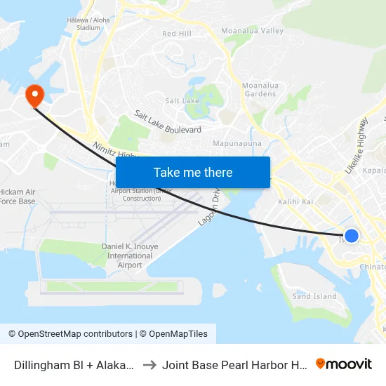 Dillingham Bl + Alakawa St to Joint Base Pearl Harbor Hickam map