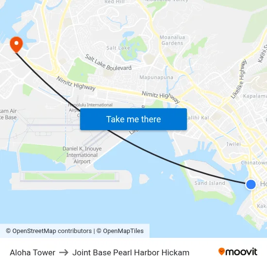Aloha Tower to Joint Base Pearl Harbor Hickam map