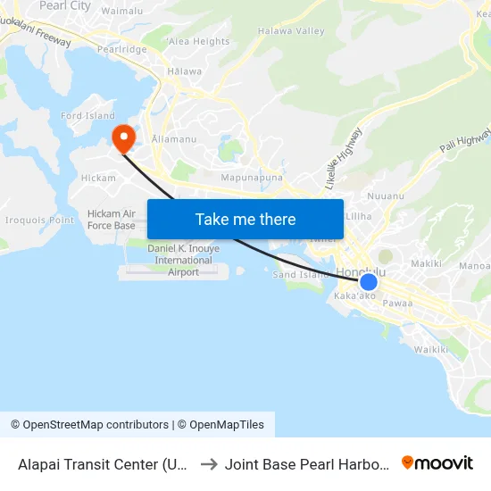 Alapai Transit Center (Unloading) to Joint Base Pearl Harbor Hickam map
