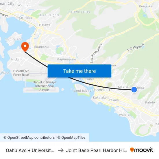 Oahu Ave + University Ave to Joint Base Pearl Harbor Hickam map