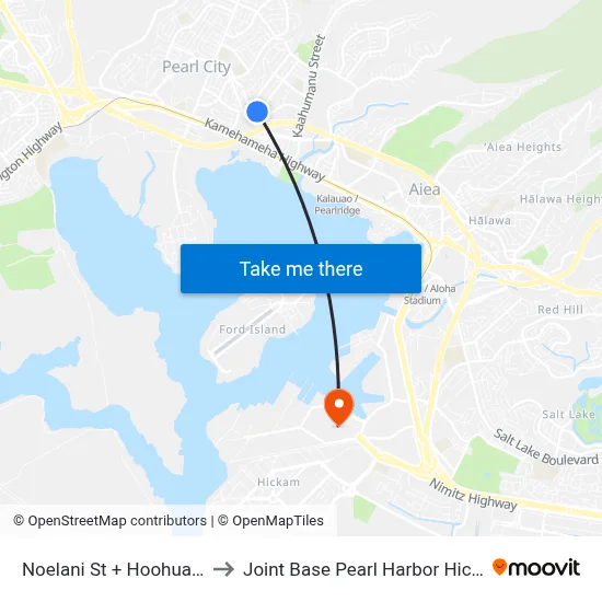 Noelani St + Hoohuali St to Joint Base Pearl Harbor Hickam map