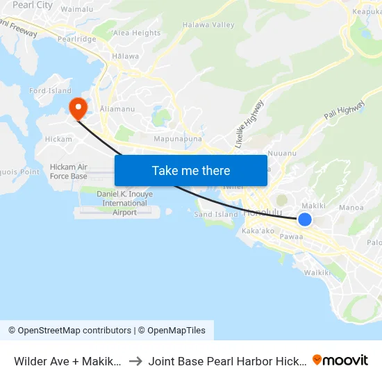 Wilder Ave + Makiki St to Joint Base Pearl Harbor Hickam map