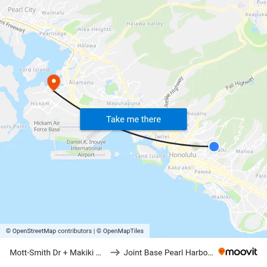 Mott-Smith Dr + Makiki Heights Dr to Joint Base Pearl Harbor Hickam map