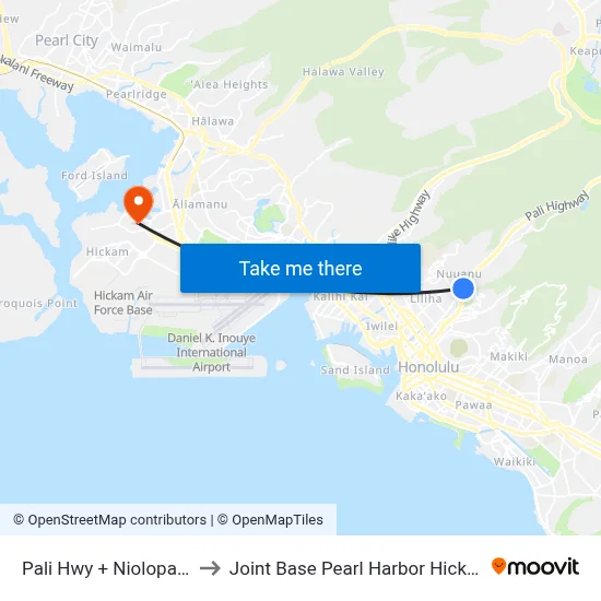 Pali Hwy + Niolopa Pl to Joint Base Pearl Harbor Hickam map