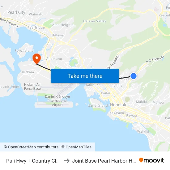 Pali Hwy + Country Club Rd to Joint Base Pearl Harbor Hickam map