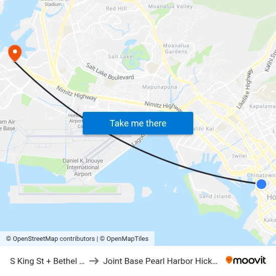 S King St + Bethel St to Joint Base Pearl Harbor Hickam map
