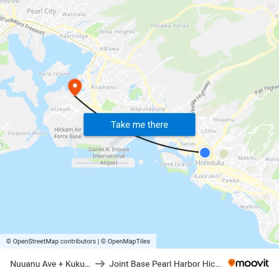 Nuuanu Ave + Kukui St to Joint Base Pearl Harbor Hickam map