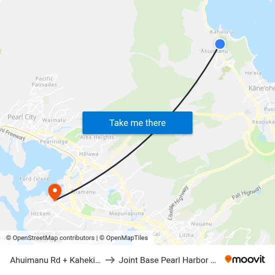 Ahuimanu Rd + Kahekili Hwy to Joint Base Pearl Harbor Hickam map
