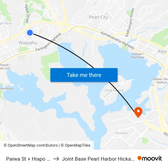 Paiwa St + Hiapo St to Joint Base Pearl Harbor Hickam map