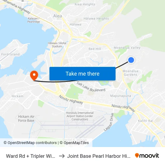 Ward Rd + Tripler Wing D to Joint Base Pearl Harbor Hickam map