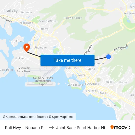 Pali Hwy + Nuuanu Pali Dr to Joint Base Pearl Harbor Hickam map