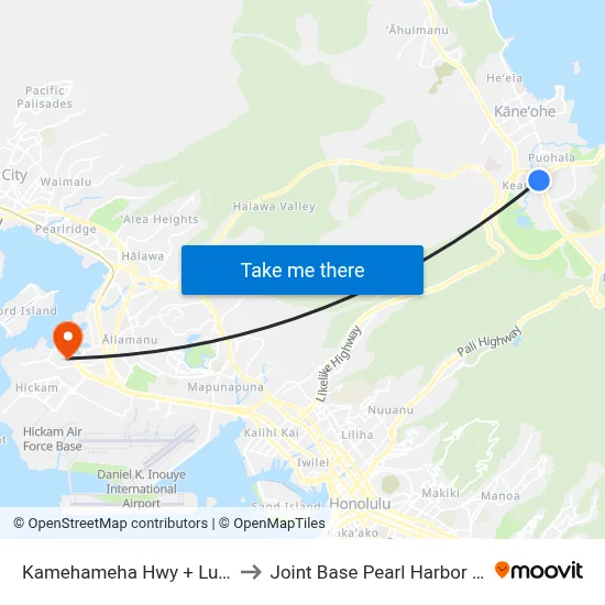 Kamehameha Hwy + Luluku Rd to Joint Base Pearl Harbor Hickam map