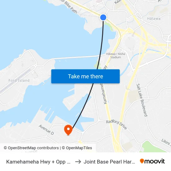 Kamehameha Hwy + Opp Honomanu St to Joint Base Pearl Harbor Hickam map