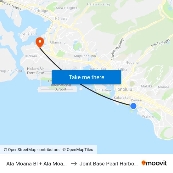 Ala Moana Bl + Ala Moana Center to Joint Base Pearl Harbor Hickam map