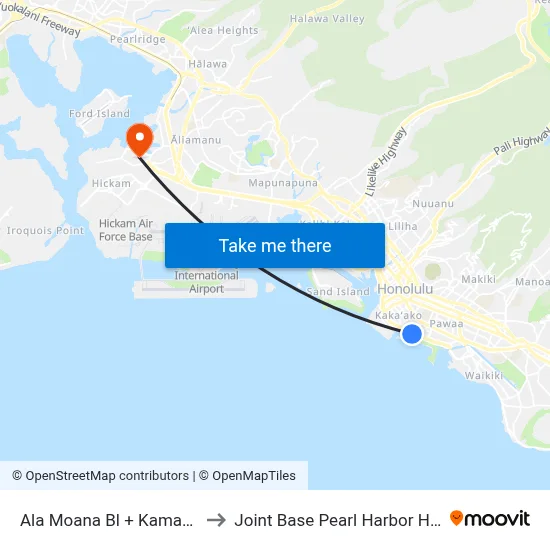 Ala Moana Bl + Kamakee St to Joint Base Pearl Harbor Hickam map
