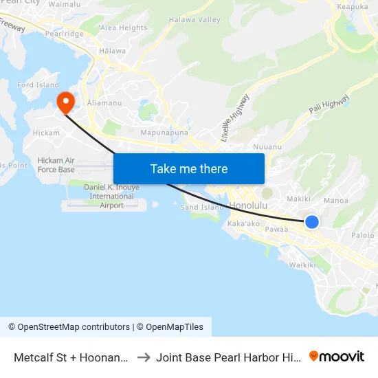 Metcalf St + Hoonanea St to Joint Base Pearl Harbor Hickam map