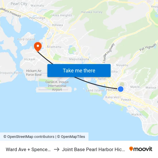 Ward Ave + Spencer St to Joint Base Pearl Harbor Hickam map