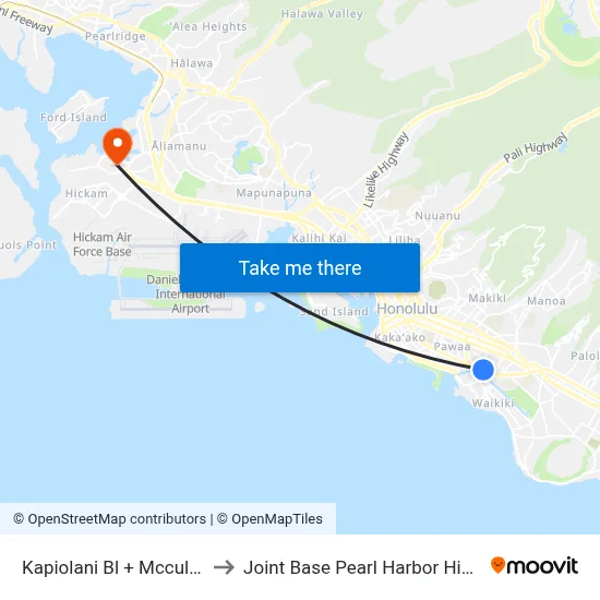 Kapiolani Bl + Mccully St to Joint Base Pearl Harbor Hickam map