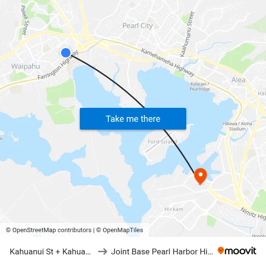 Kahuanui St + Kahuapili St to Joint Base Pearl Harbor Hickam map