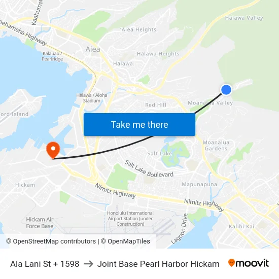 Ala Lani St + 1598 to Joint Base Pearl Harbor Hickam map