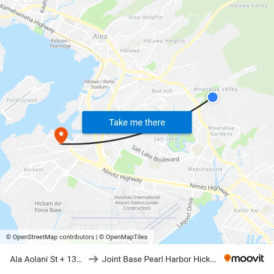 Ala Aolani St + 1352 to Joint Base Pearl Harbor Hickam map