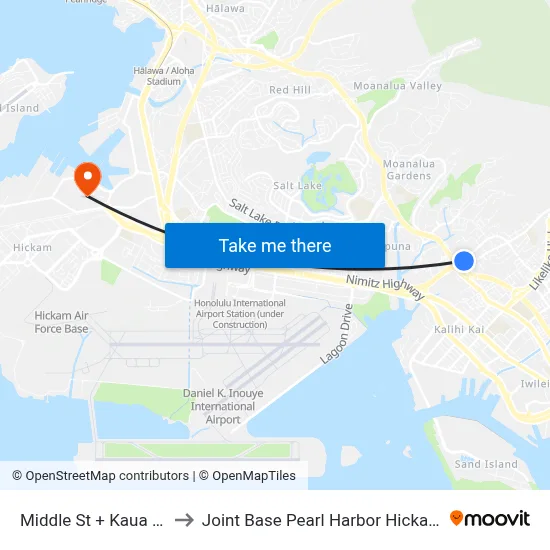 Middle St + Kaua St to Joint Base Pearl Harbor Hickam map