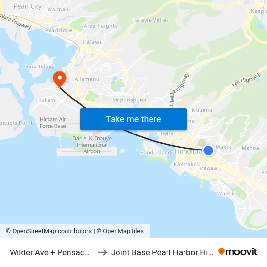 Wilder Ave + Pensacola St to Joint Base Pearl Harbor Hickam map