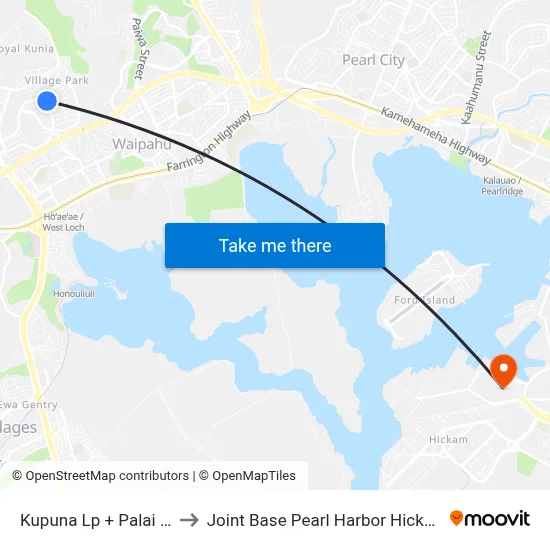 Kupuna Lp + Palai St to Joint Base Pearl Harbor Hickam map