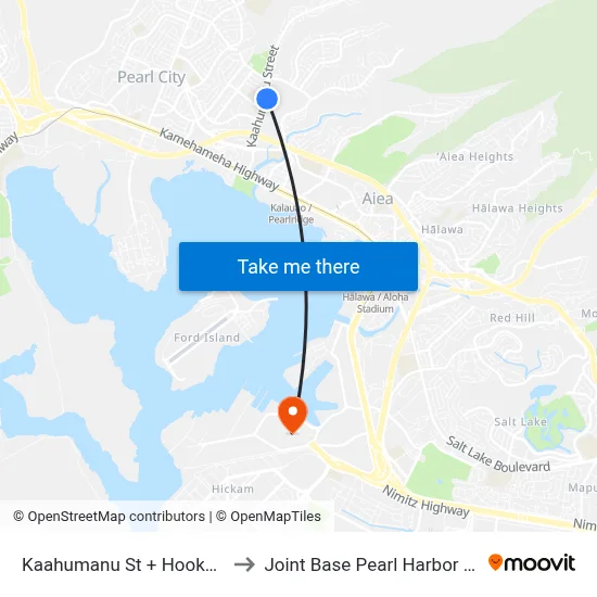 Kaahumanu St + Hookanike St to Joint Base Pearl Harbor Hickam map