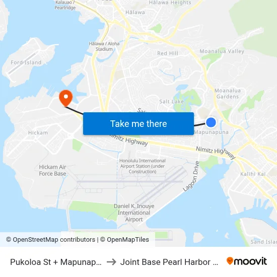 Pukoloa St + Mapunapuna St to Joint Base Pearl Harbor Hickam map
